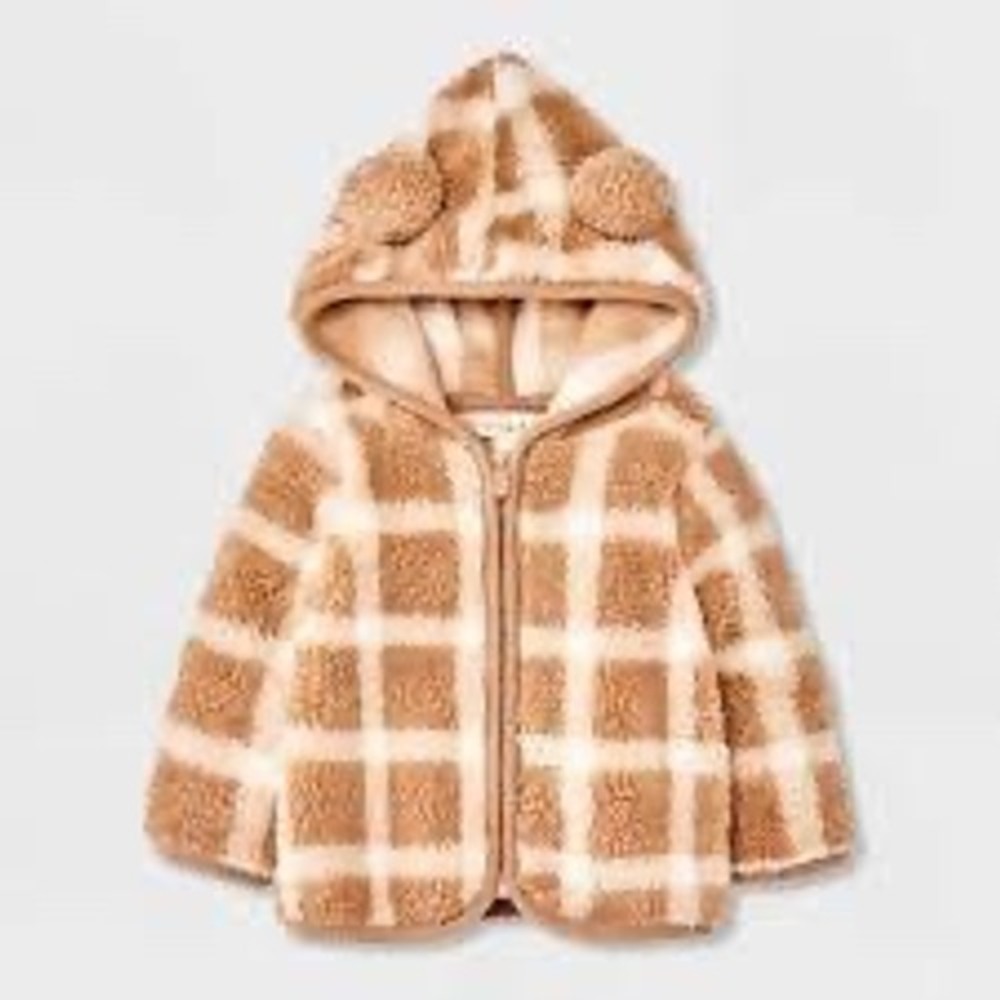 Cat & Jack Baby Plaid Faux Shearling Zip Hoodie Bear Ears Tan Cream 0-3M NWT